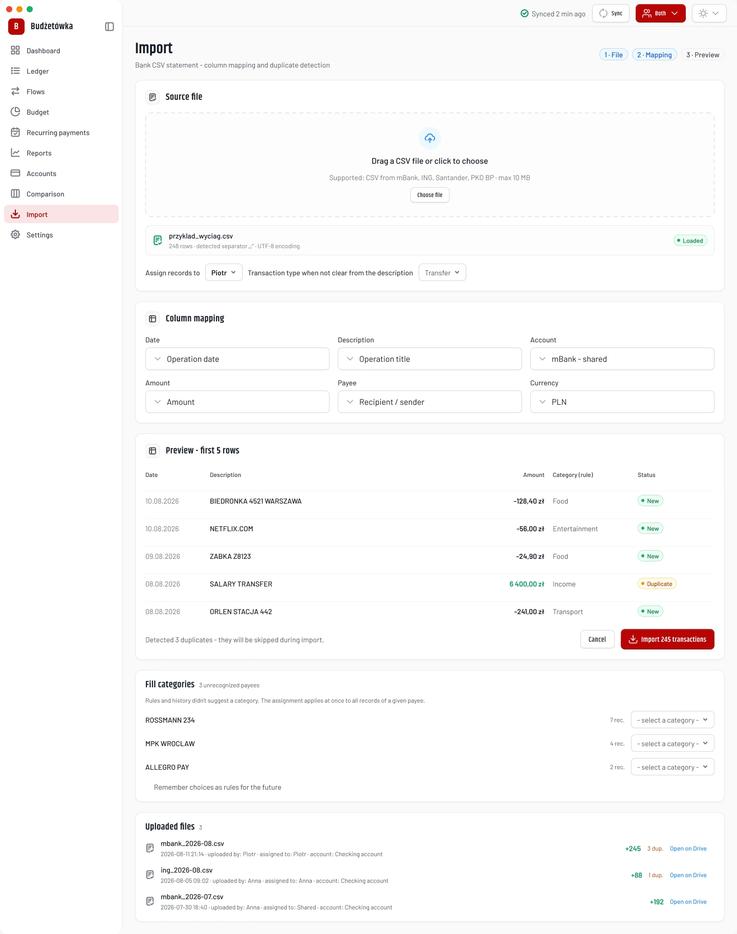 Import screen: CSV file load with separator and encoding detection, column mapping, and a preview table with duplicate rows marked