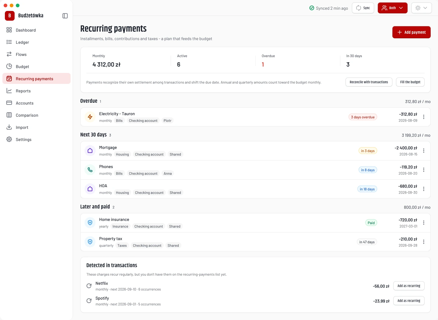 Recurring payments screen: overdue, next 30 days and later sections, the monthly obligation total, and actions to reconcile with transactions and fill the budget