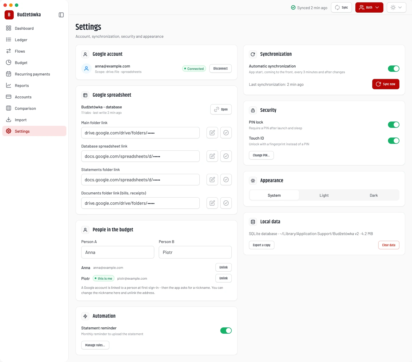 Settings screen: Google account with drive.file scope, spreadsheet links, people in the budget, synchronisation, security with PIN and Touch ID, appearance and local data