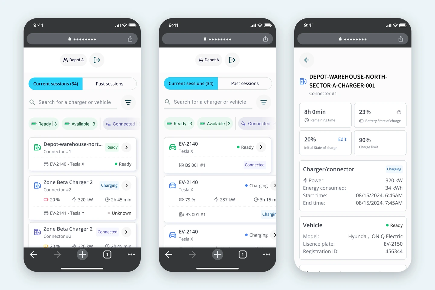 Three phone screens: a current-sessions list with readiness counts, a vehicle list, and the charging details of one connector