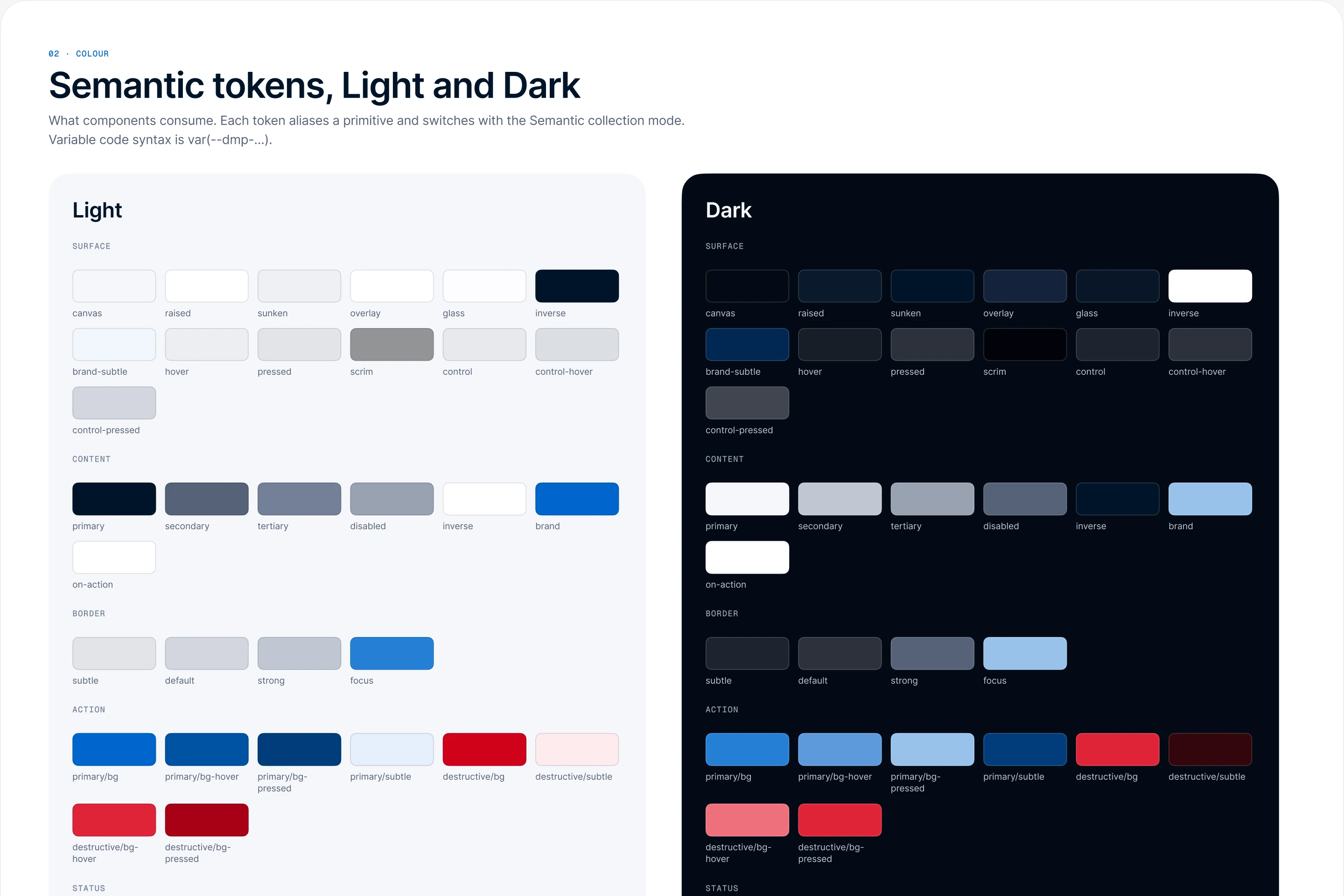 Semantic colour tokens, shown side by&nbsp;side in&nbsp;Light and&nbsp;Dark