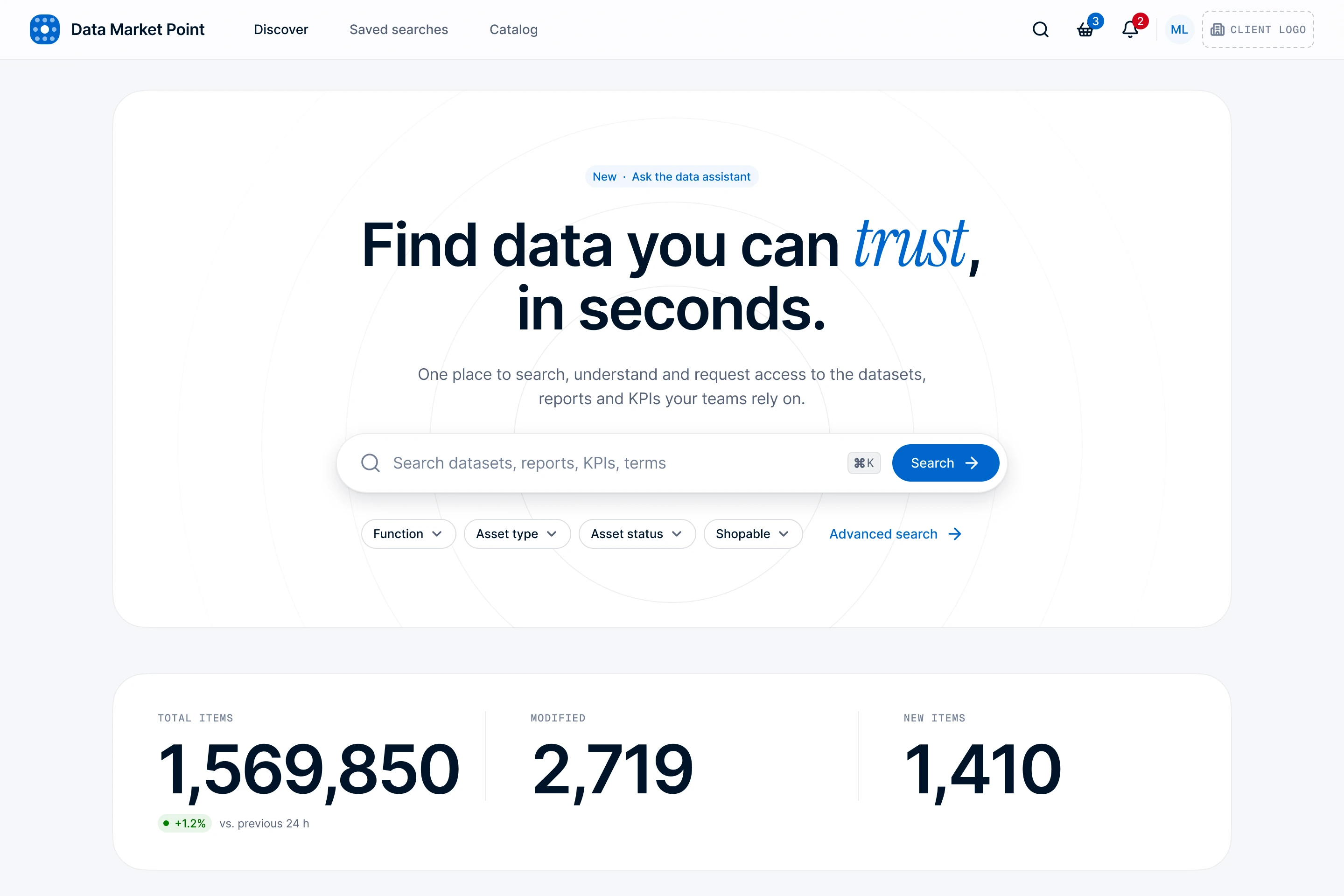 Data Market Point home with&nbsp;a&nbsp;serif accent headline, enterprise search and&nbsp;live catalog numbers, shown with&nbsp;fictional content