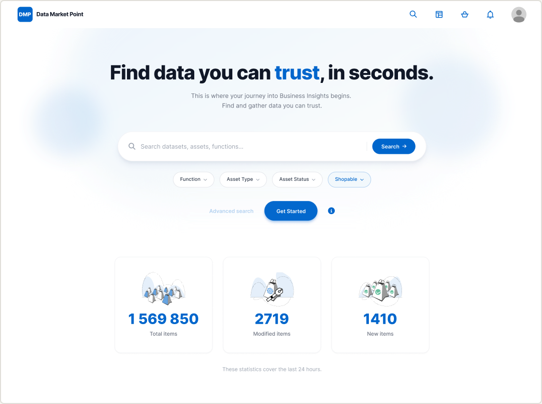 Sanitized Data Market Point homepage illustration with search, filters and catalogue statistics.