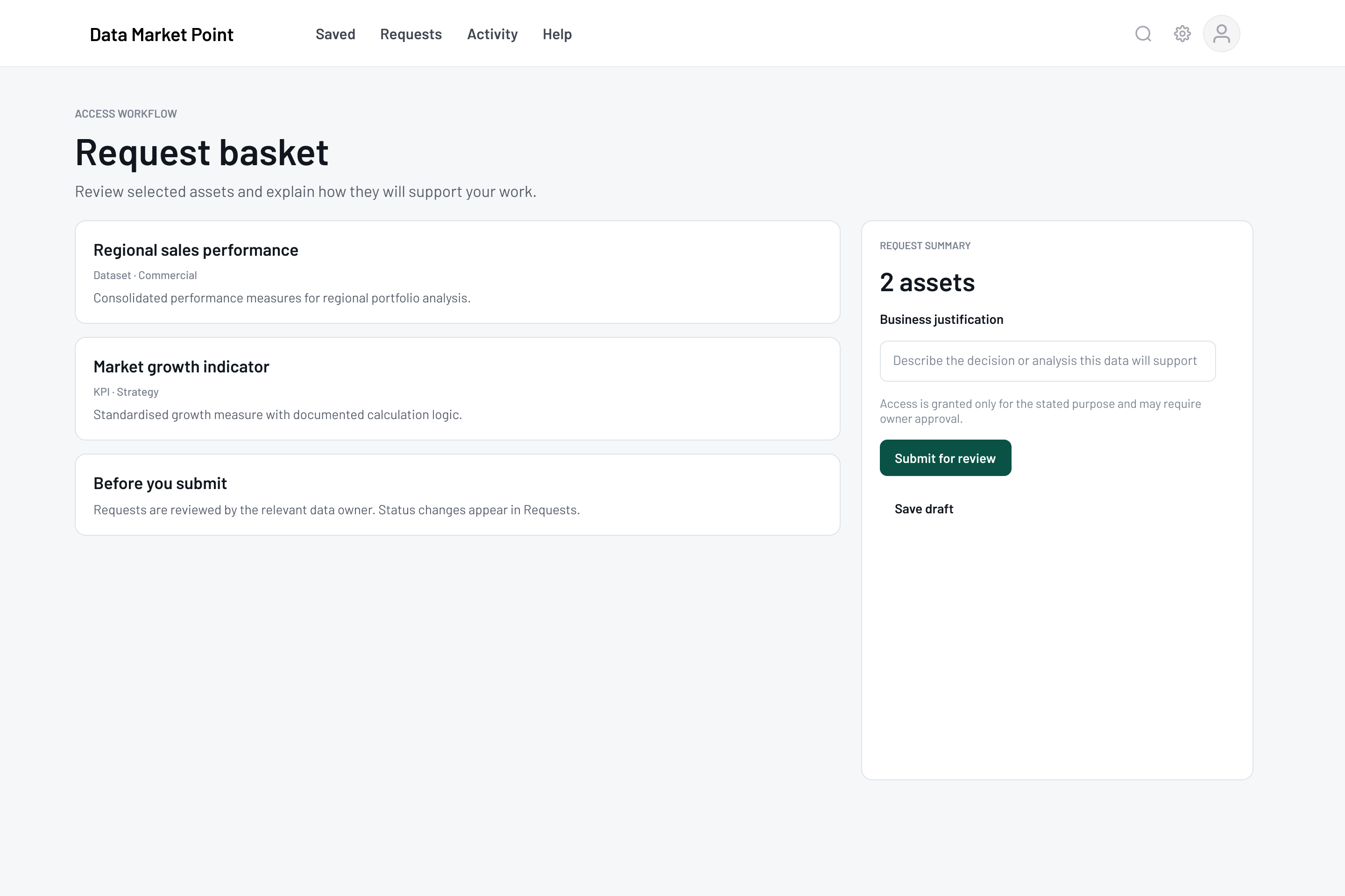 Sanitized Data Market Point request basket with selected assets, business justification and review submission.