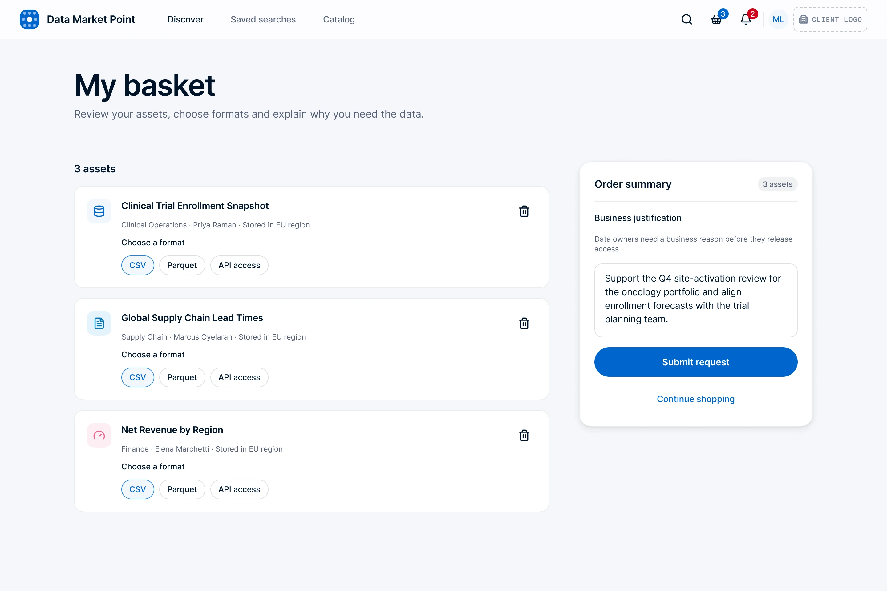 Data Market Point request basket with&nbsp;formats per asset and&nbsp;a&nbsp;business justification, shown with&nbsp;fictional content