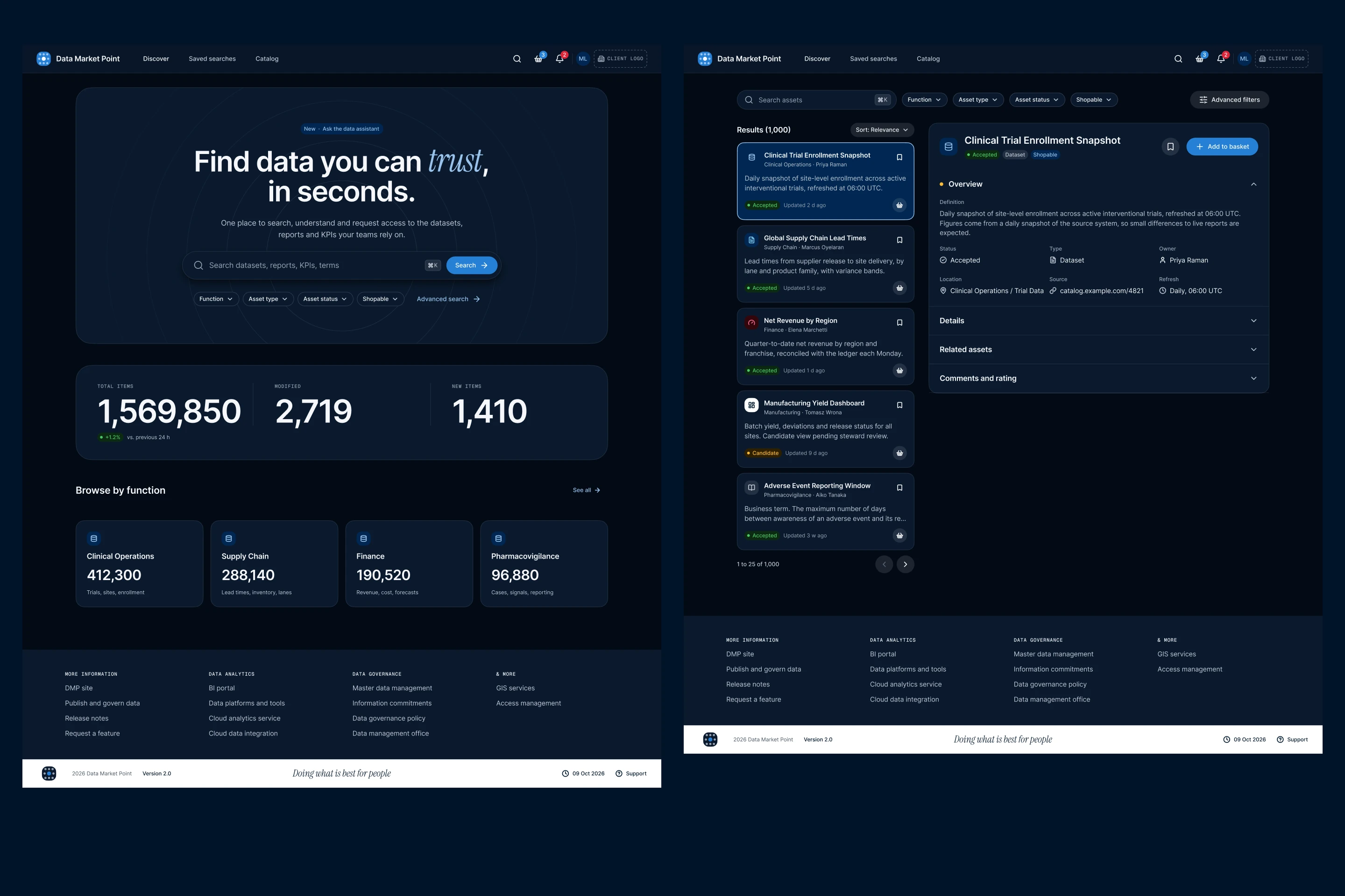 The home and&nbsp;results screens in&nbsp;the&nbsp;Dark theme, shown with&nbsp;fictional content