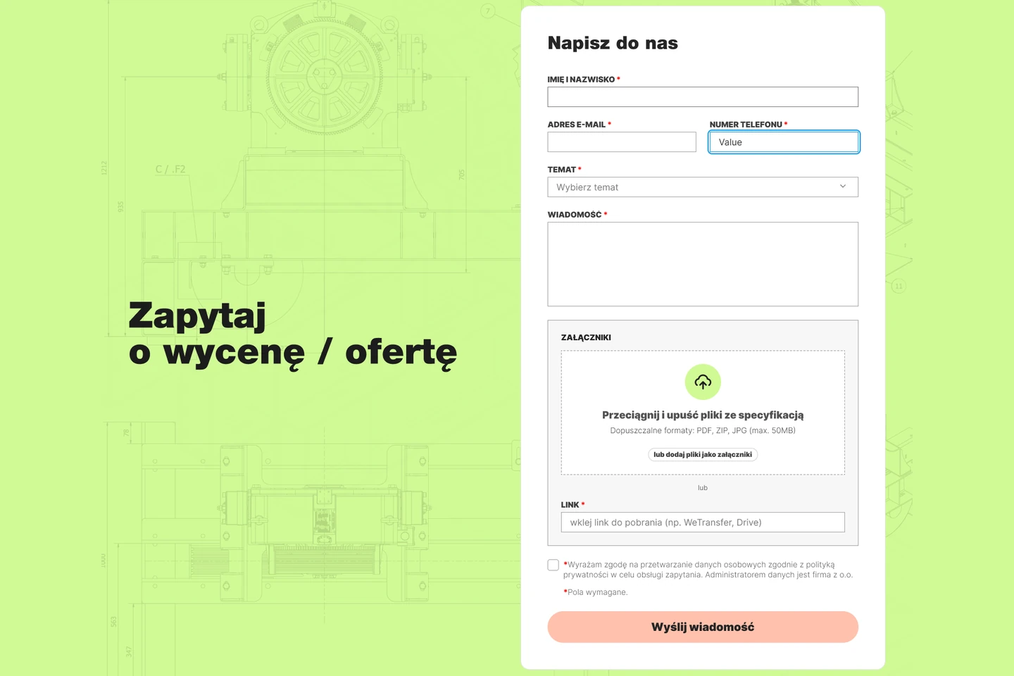 Enquiry form with name, e-mail, phone, topic and message fields, a drop zone for specification files, a link field and a consent checkbox