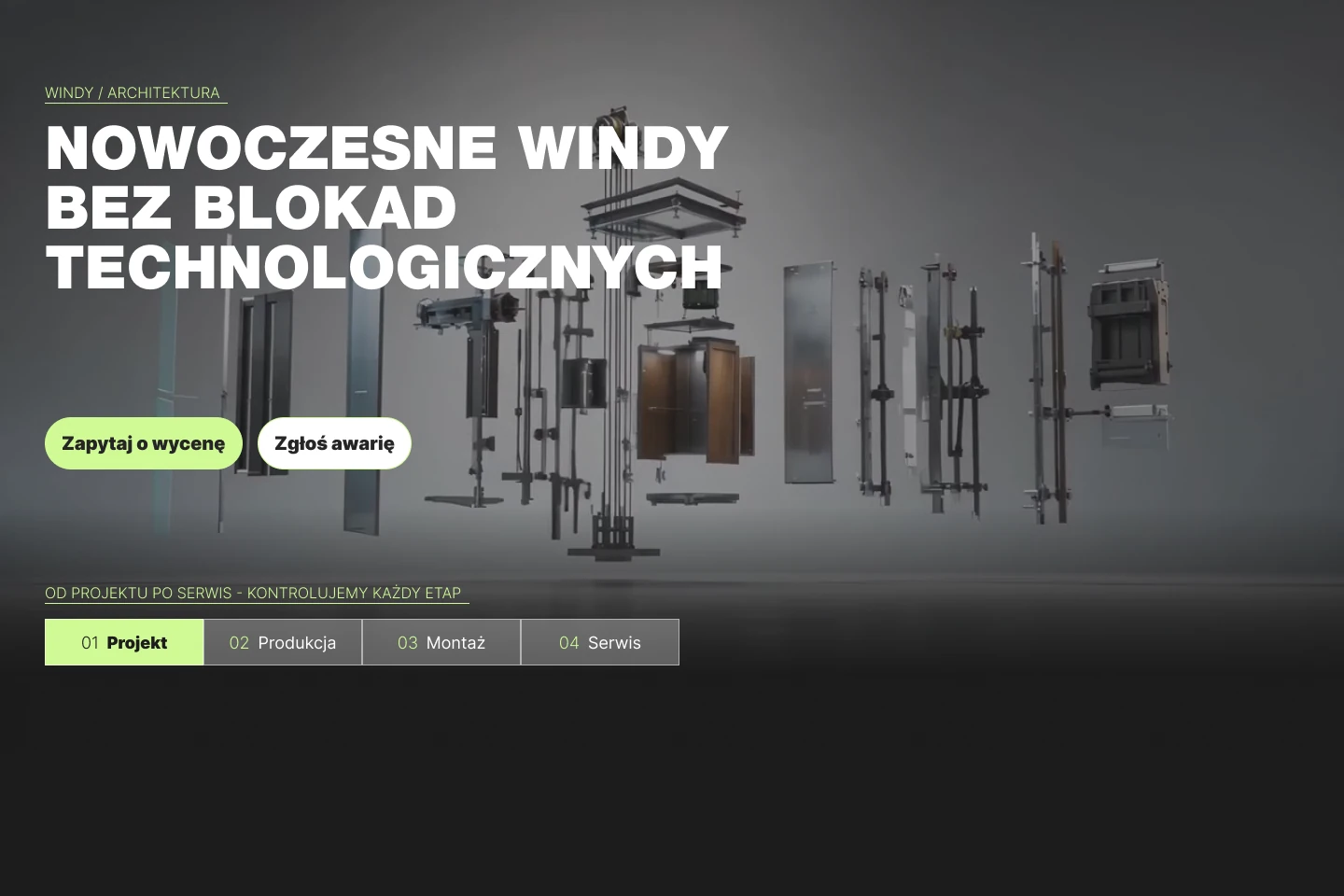 Home page first fold with the headline about modern lifts without technological lock-in, quote and fault buttons and a four-step bar from project to service
