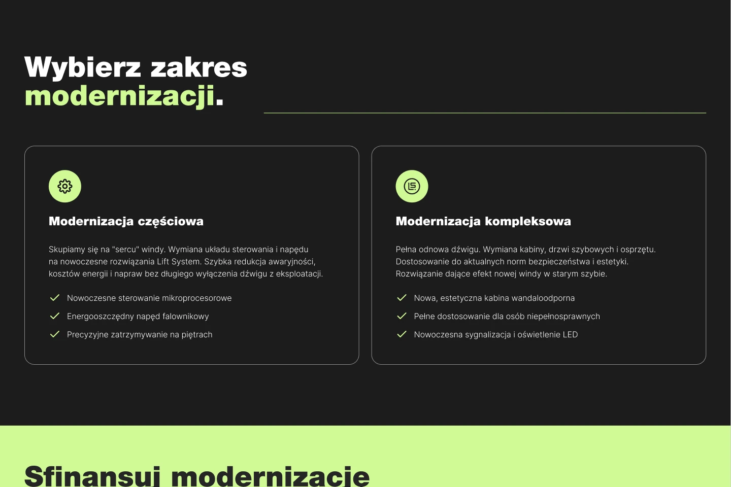 Modernisation page section titled Choose the scope of modernisation with two cards, partial and complete, each with a three-point checklist, above a green funding strip