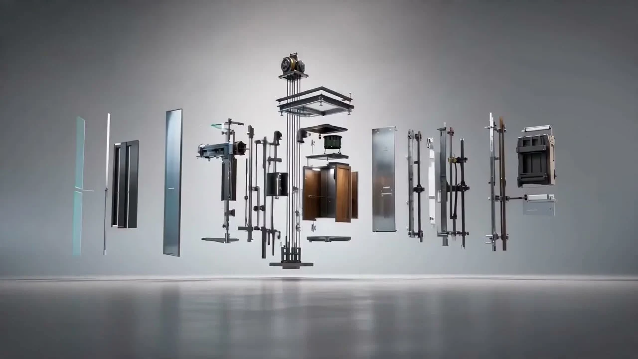 An exploded view of a lift: cabin panels, doors, drive and guide rails floating apart before assembly