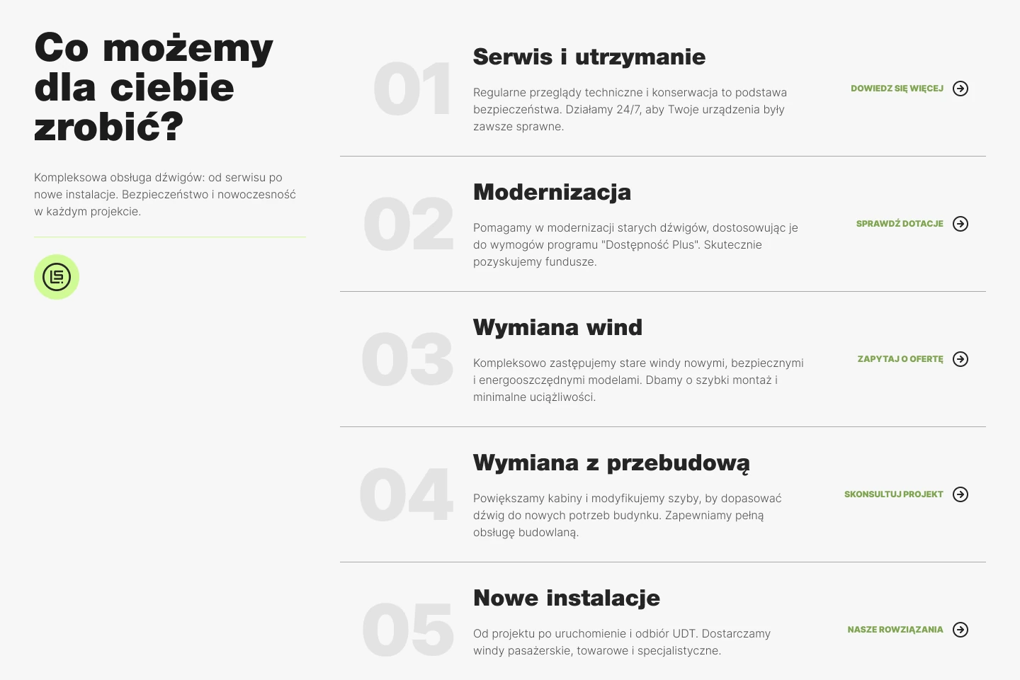 Home page offer list with five numbered rows: service, modernisation, replacement, replacement with rebuilt access and new installation