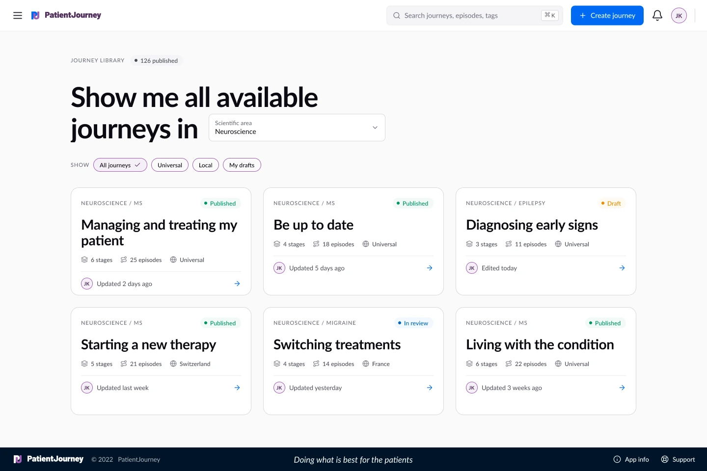 Redesigned journey library with search, filters and journey cards, shown with fictional content