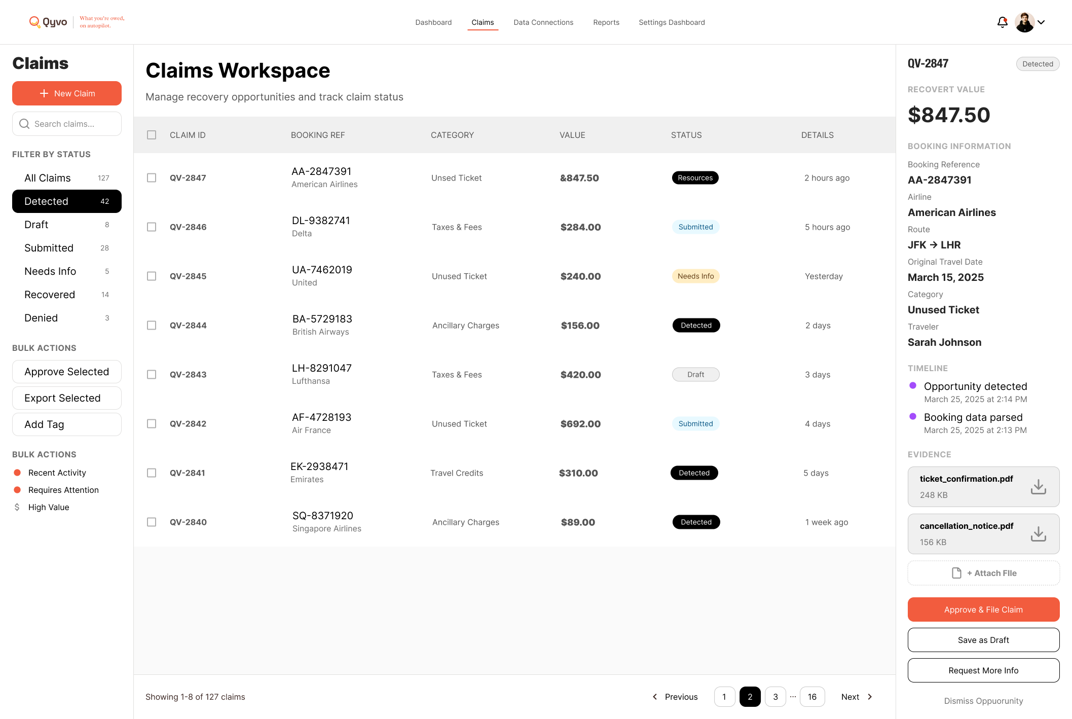 QYVO claims workspace with filters, statuses and booking details