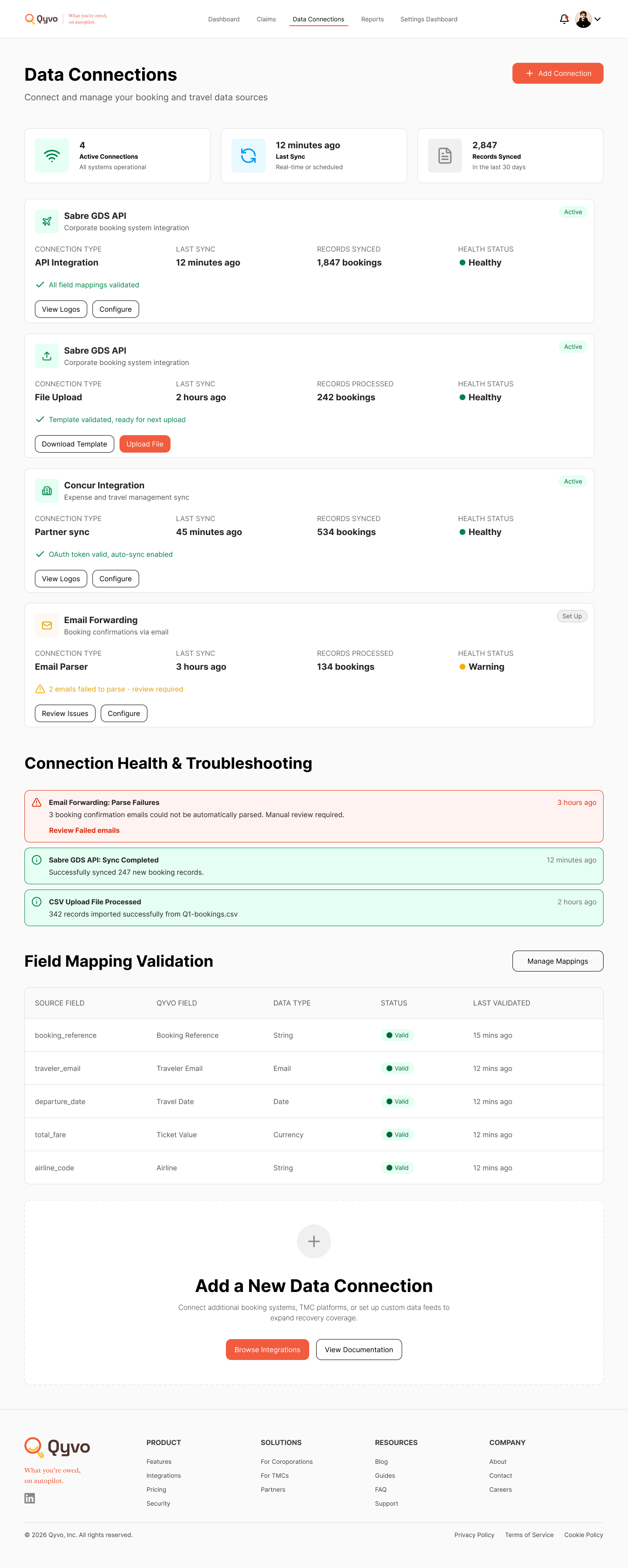 QYVO data connections for GDS, expense, email and file sources