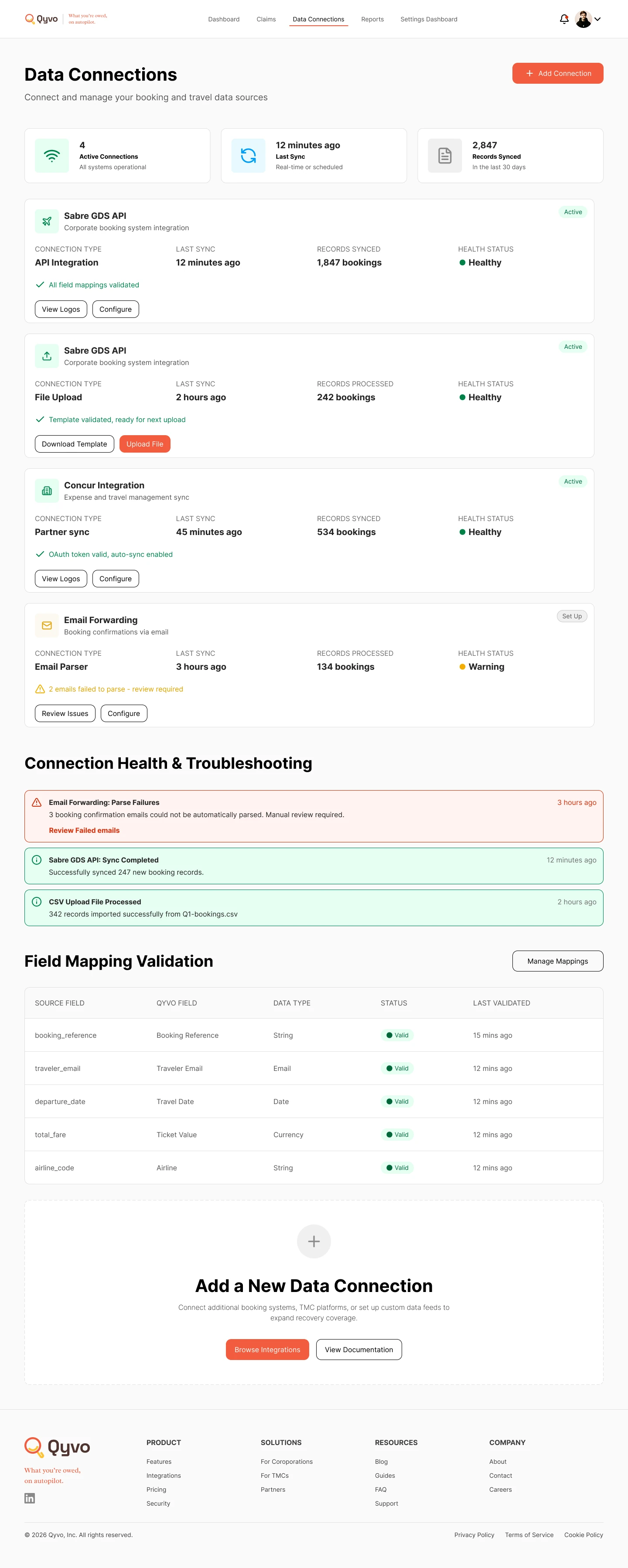 QYVO data connections for GDS, expense, email and file sources