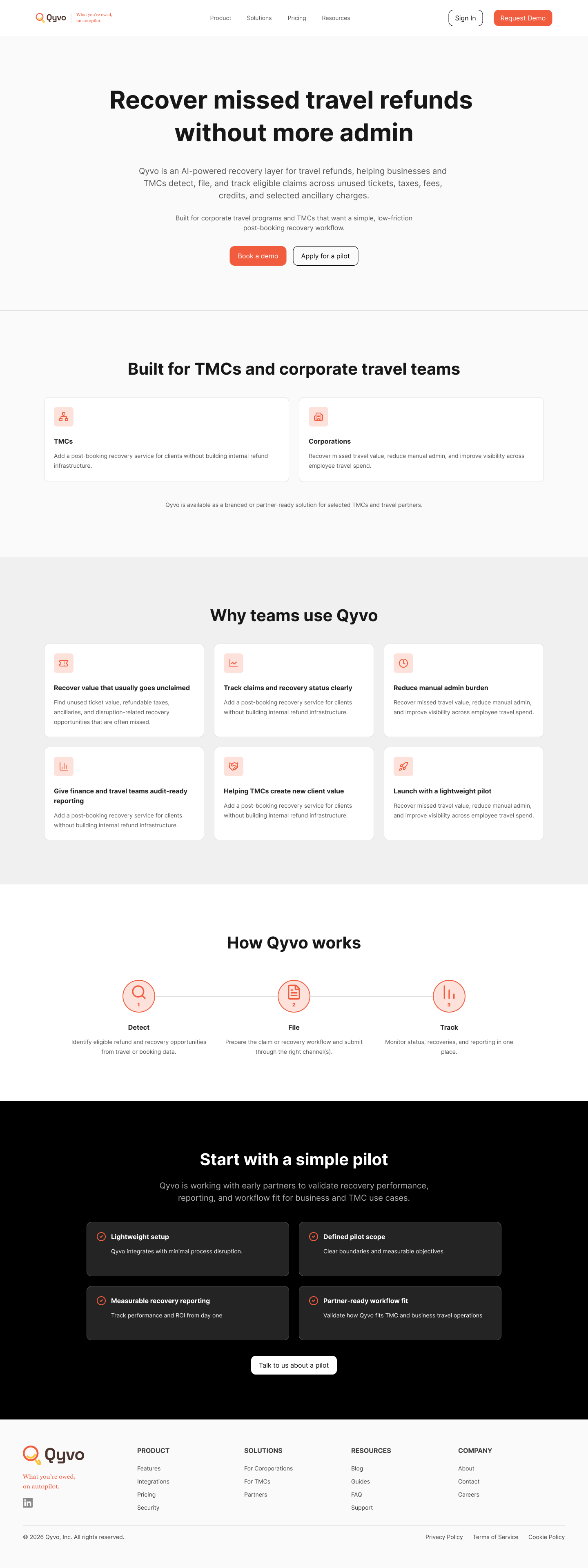 QYVO B2B landing page explaining automated travel refund recovery
