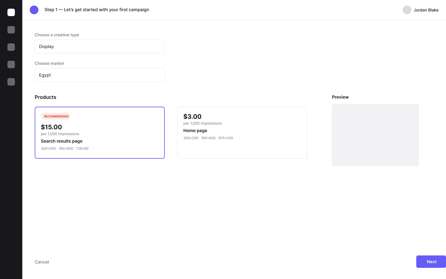 Sanitized campaign-wizard screen showing creative type, market and product selection