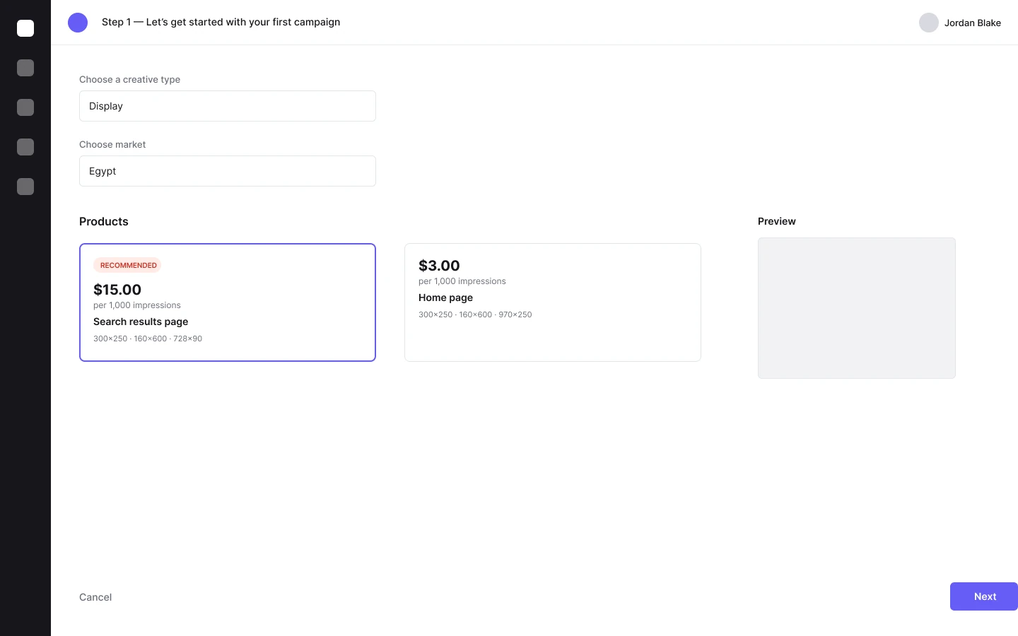 Sanitized campaign-wizard screen showing creative type, market and product selection