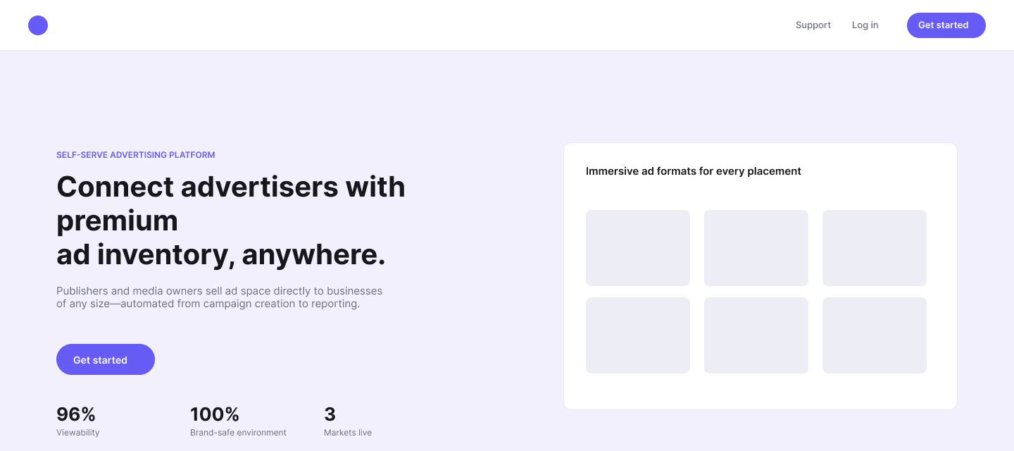 Sanitized self-serve ad platform landing page explaining the white-label proposition