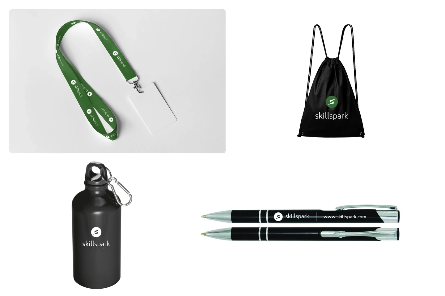 Lanyard, bottle, pen and drawstring bag carrying the Skillspark logo.