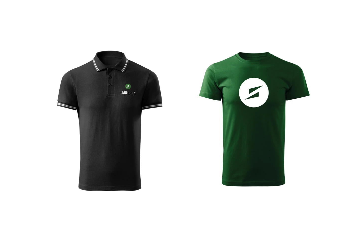 Black staff polo and green visitor t-shirt with the Skillspark logo.