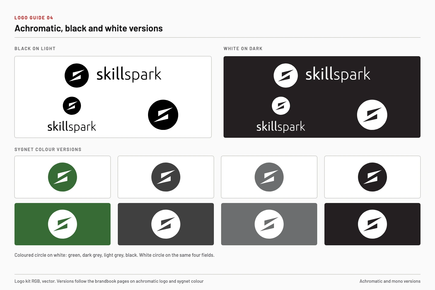 Black, white and achromatic logo versions and the sygnet in four colours on white and on colour.