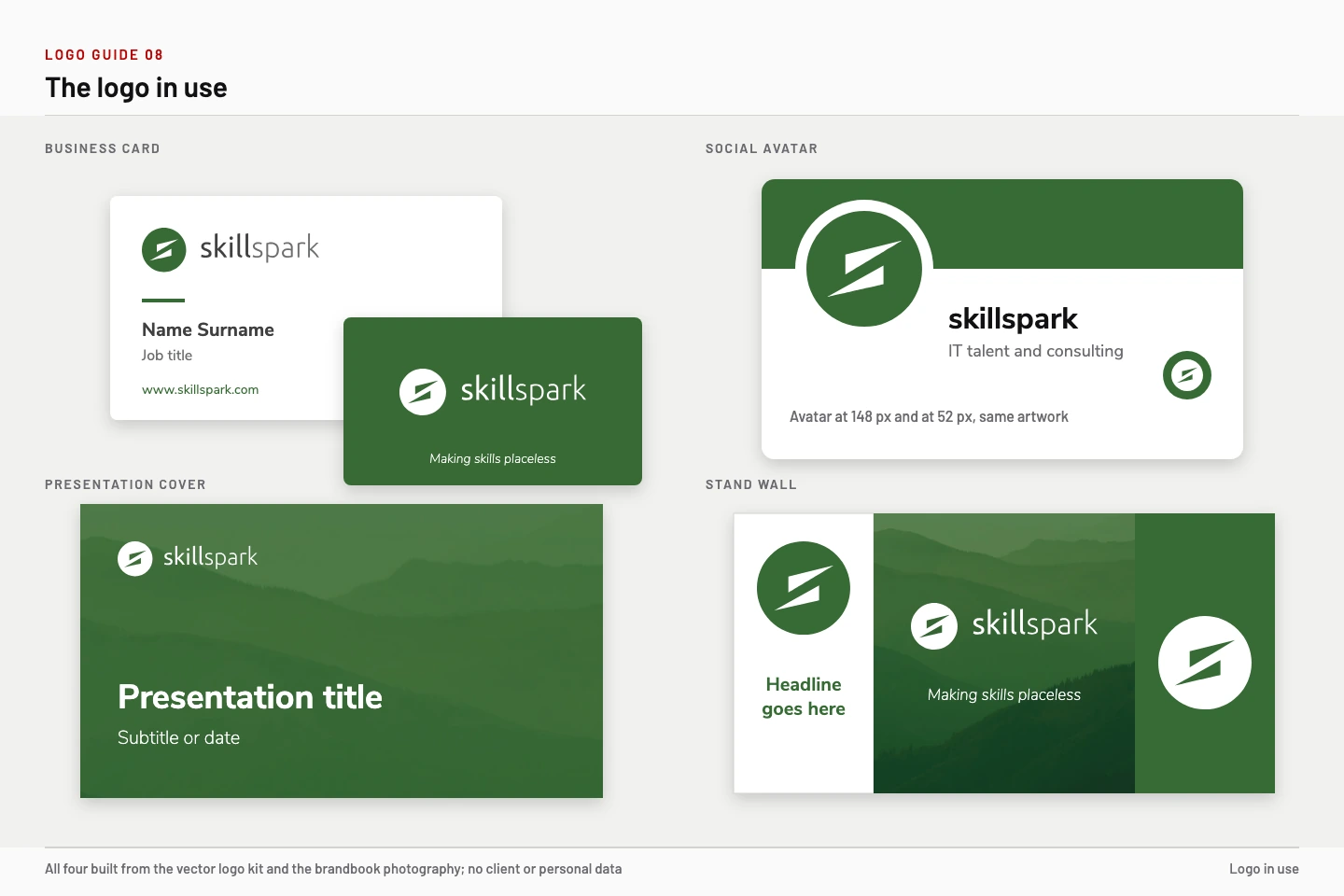 The logo applied to a business card, a social avatar, a presentation cover and a stand wall.