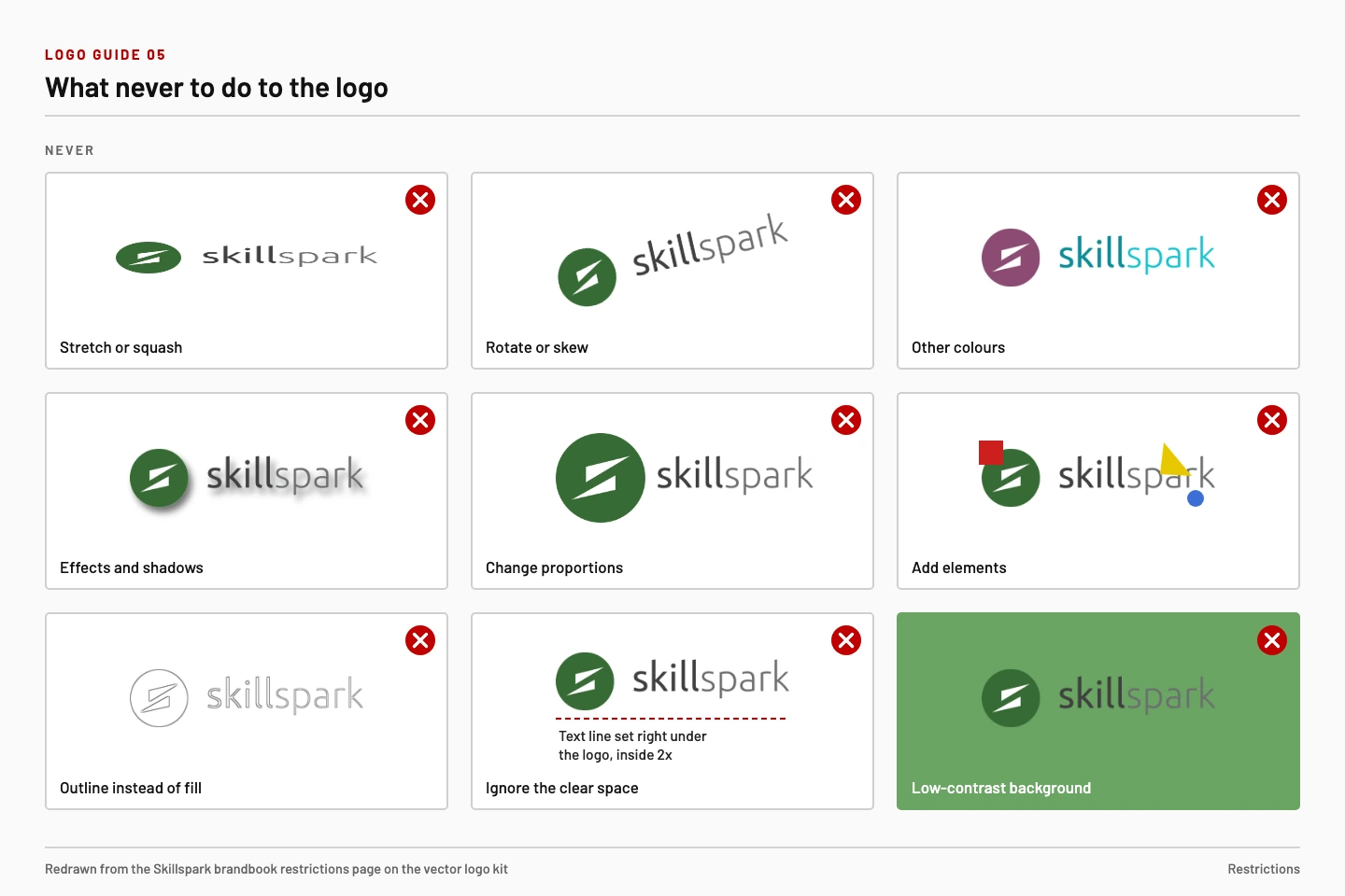 Nine misuse examples of the logo, each marked with a cross.