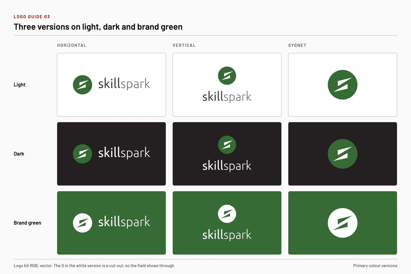 The three logo versions shown on a light, a dark and a brand green background.
