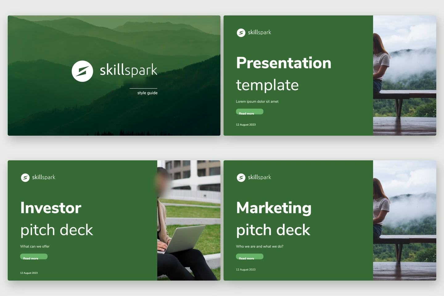 Cover slides of the four Skillspark presentation templates in the brand green.