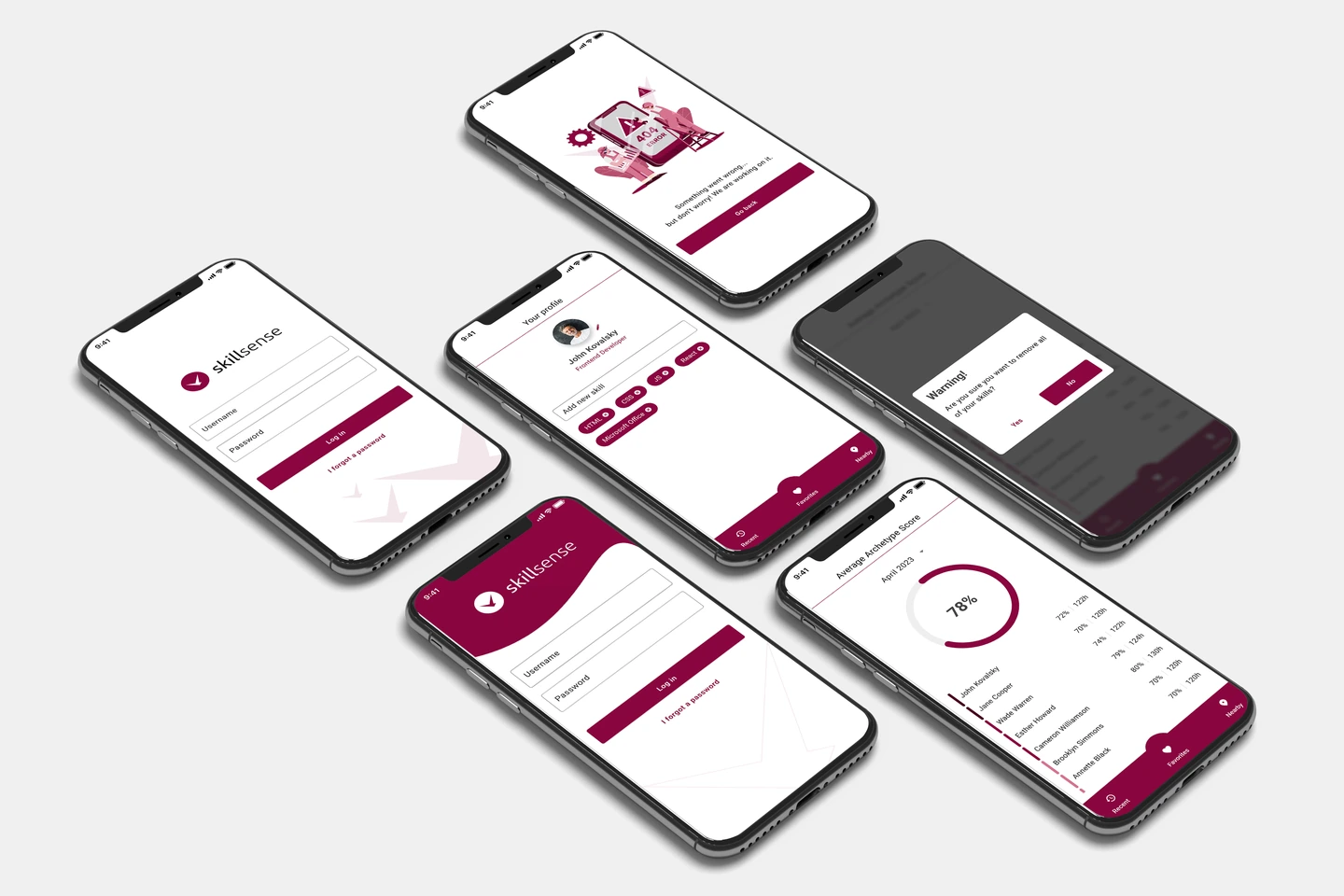 SkillSense mockup version 1 with six phones showing login, profile, warning, score and error screens.